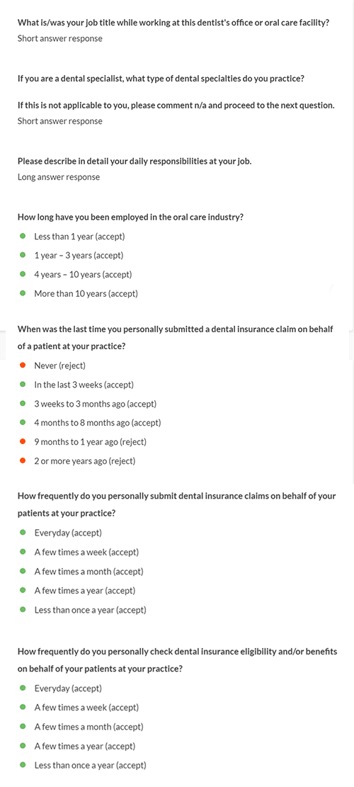 Participant screener questions on job title, years in oral care, and how often they submit and verify dental insurance claims