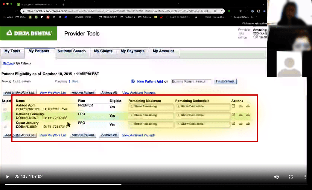Provider Tools My Patients eligibility search with Rebecca February highlighted during a moderated session