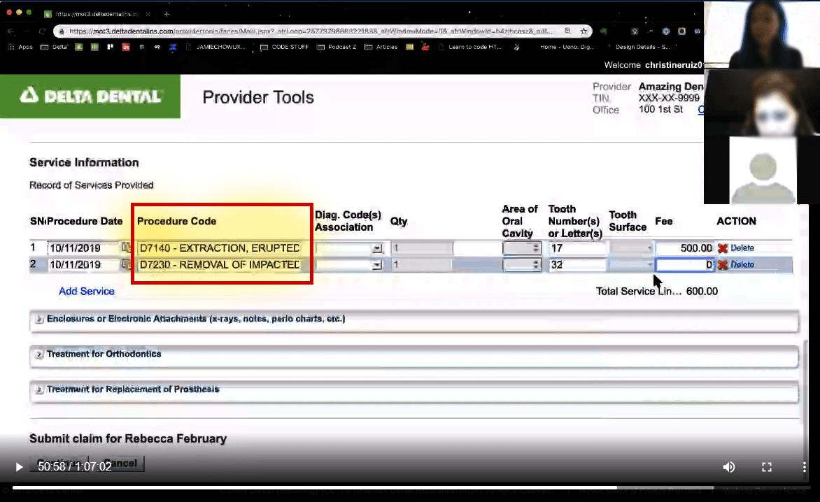 Provider Tools Service Information table with the Procedure Code column highlighted during a recorded session