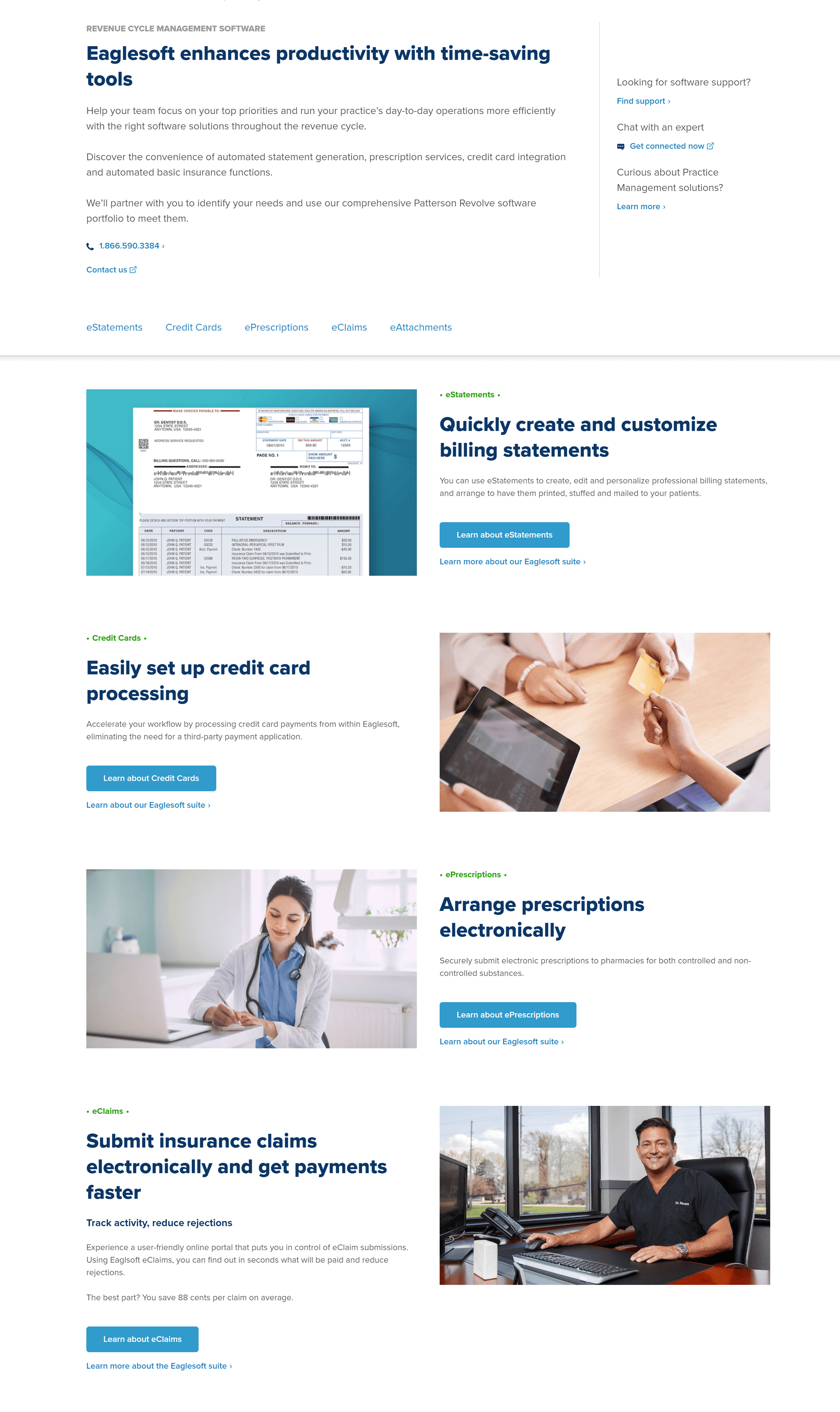 Eaglesoft practice management site: create billing statements, set up credit card processing, arrange prescriptions