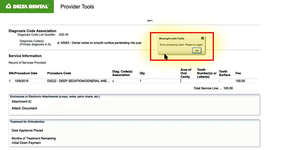 Provider Tools claim page showing a Missing/Invalid Fields error pop-up