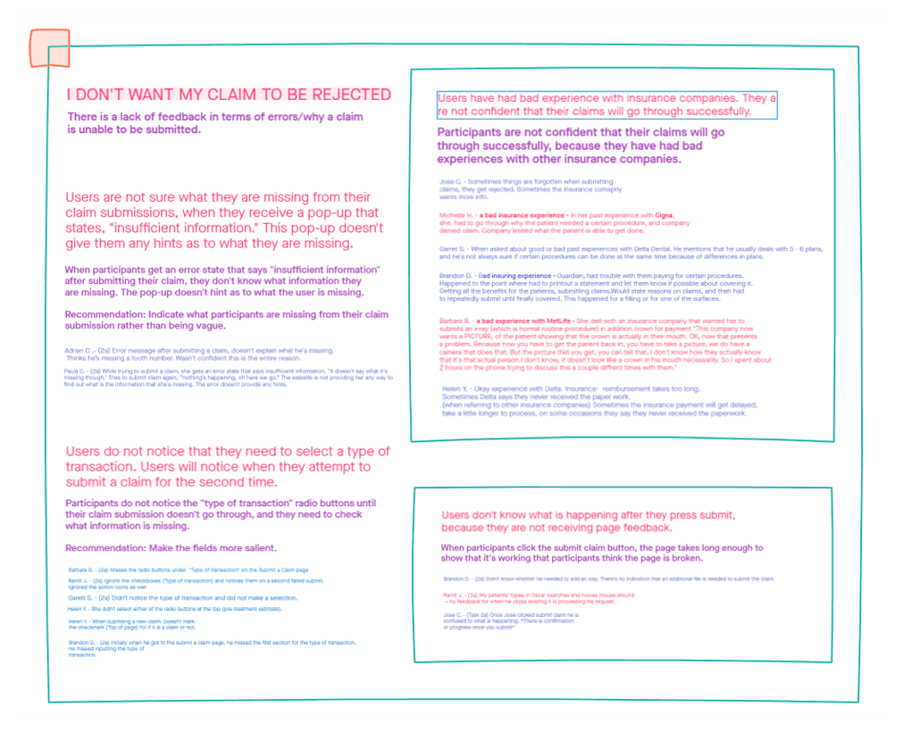 Affinity diagram titled “I don’t want my claim to be rejected” grouping findings about missing feedback