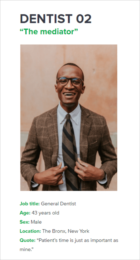 Dentist 02 “The mediator” persona card: general dentist, 43, The Bronx, New York