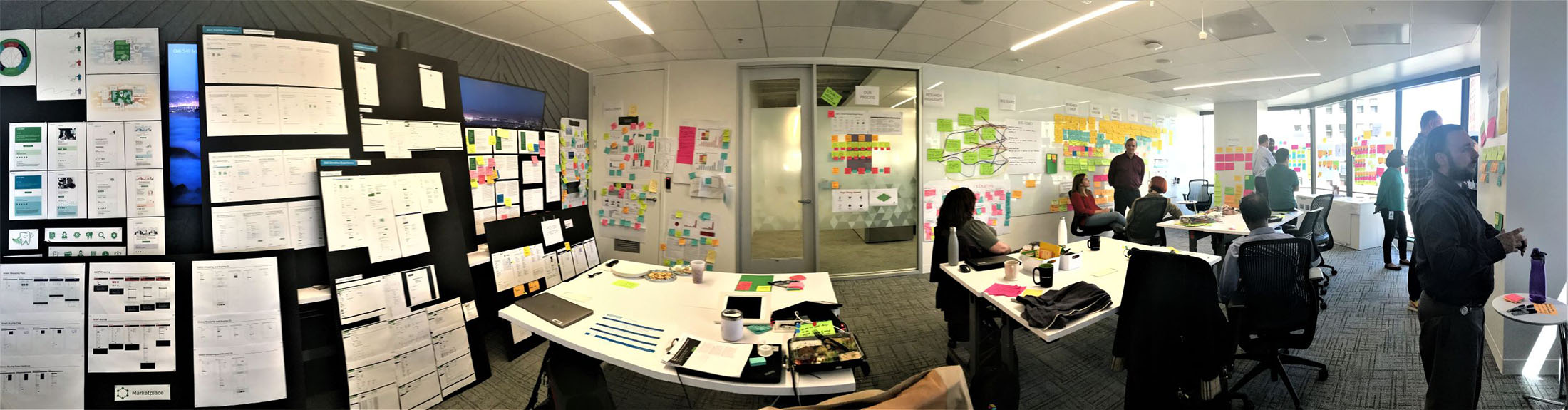 Workshop room with sticky-note synthesis boards used to present findings