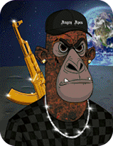 Angry Ape avatar with a golden rifle and diamond chain