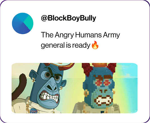 @BlockBoyBully post: The Angry Humans Army general is ready, with two pixel apes