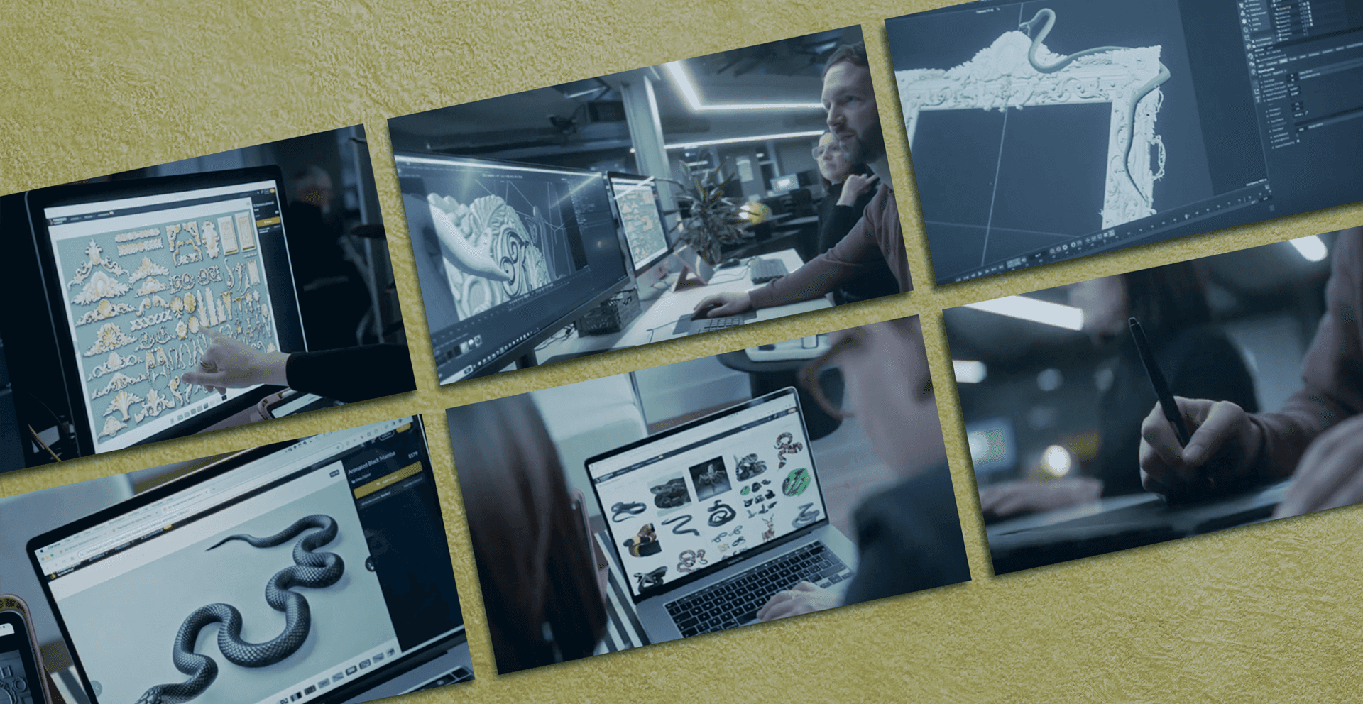 Collage of 3D artists and studio teams working with TurboSquid assets across screens