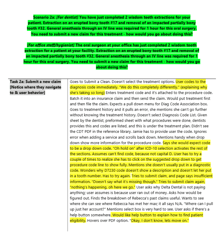Discussion guide sheet for Scenario 2a with highlighted participant observations
