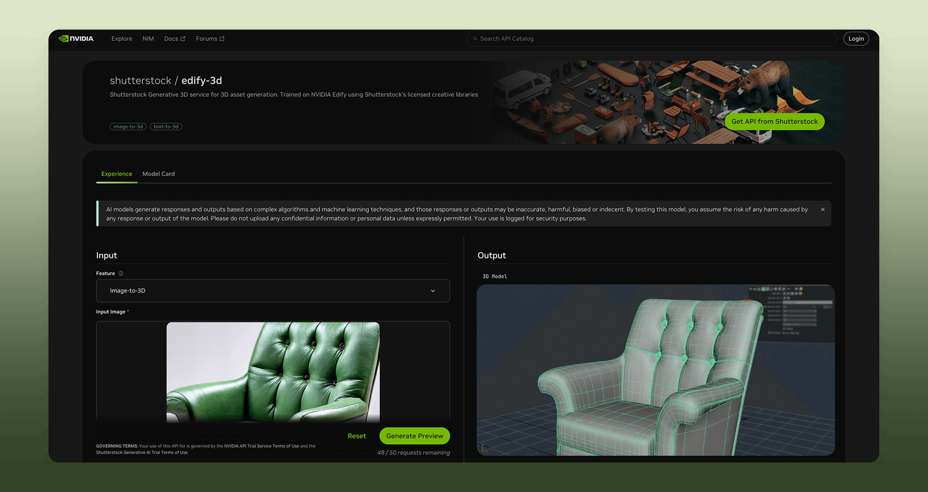 Shutterstock x NVIDIA generative 3D product interface