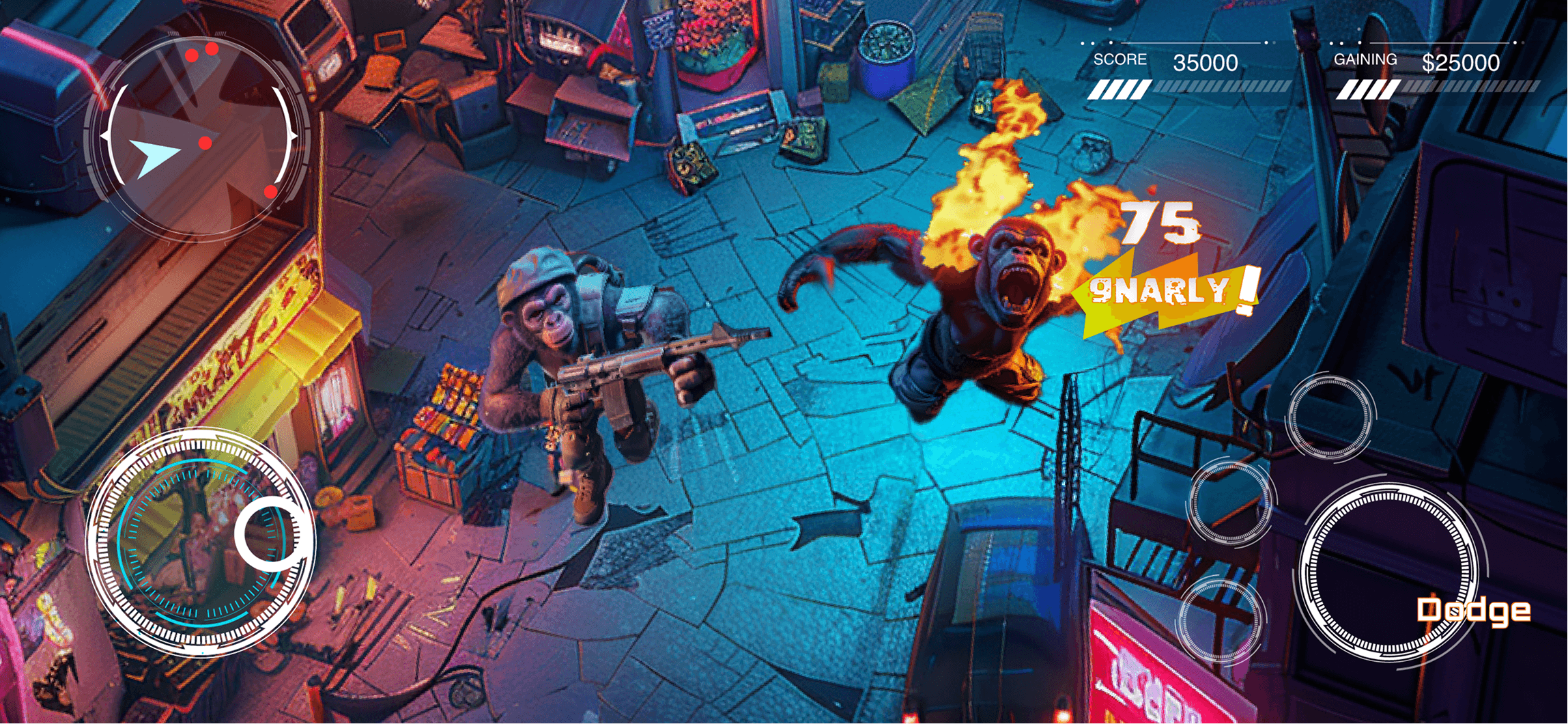 Angry Apes United gameplay combat interface with score and gains HUD