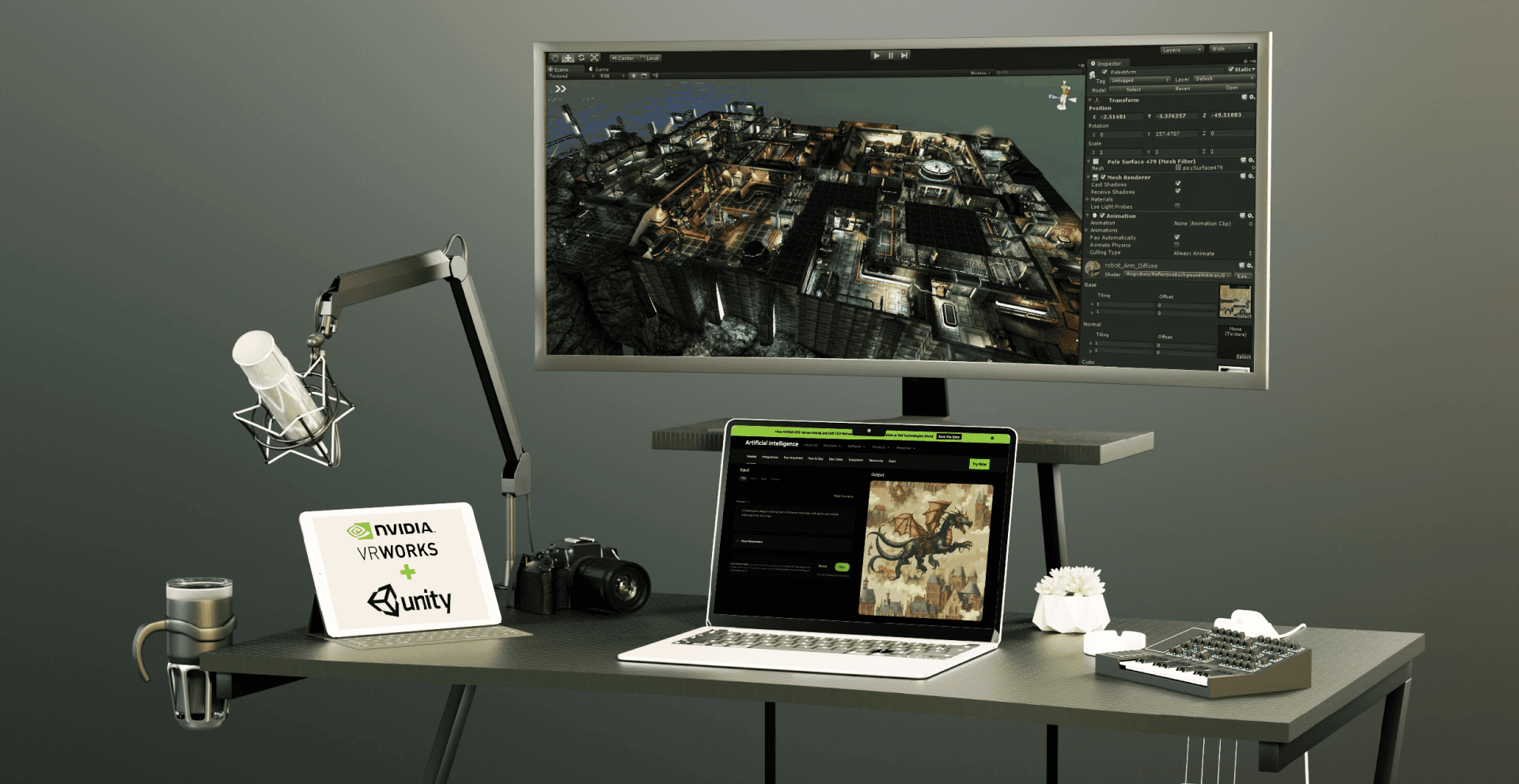 Creator desk setup with a 3D city scene on a monitor, a laptop running the product, and NVIDIA VRWorks and Unity branding