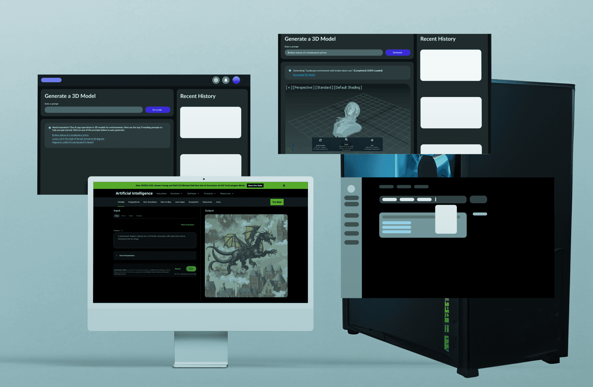 Generate a 3D Model wireframes shown on desktop monitors and an NVIDIA workstation