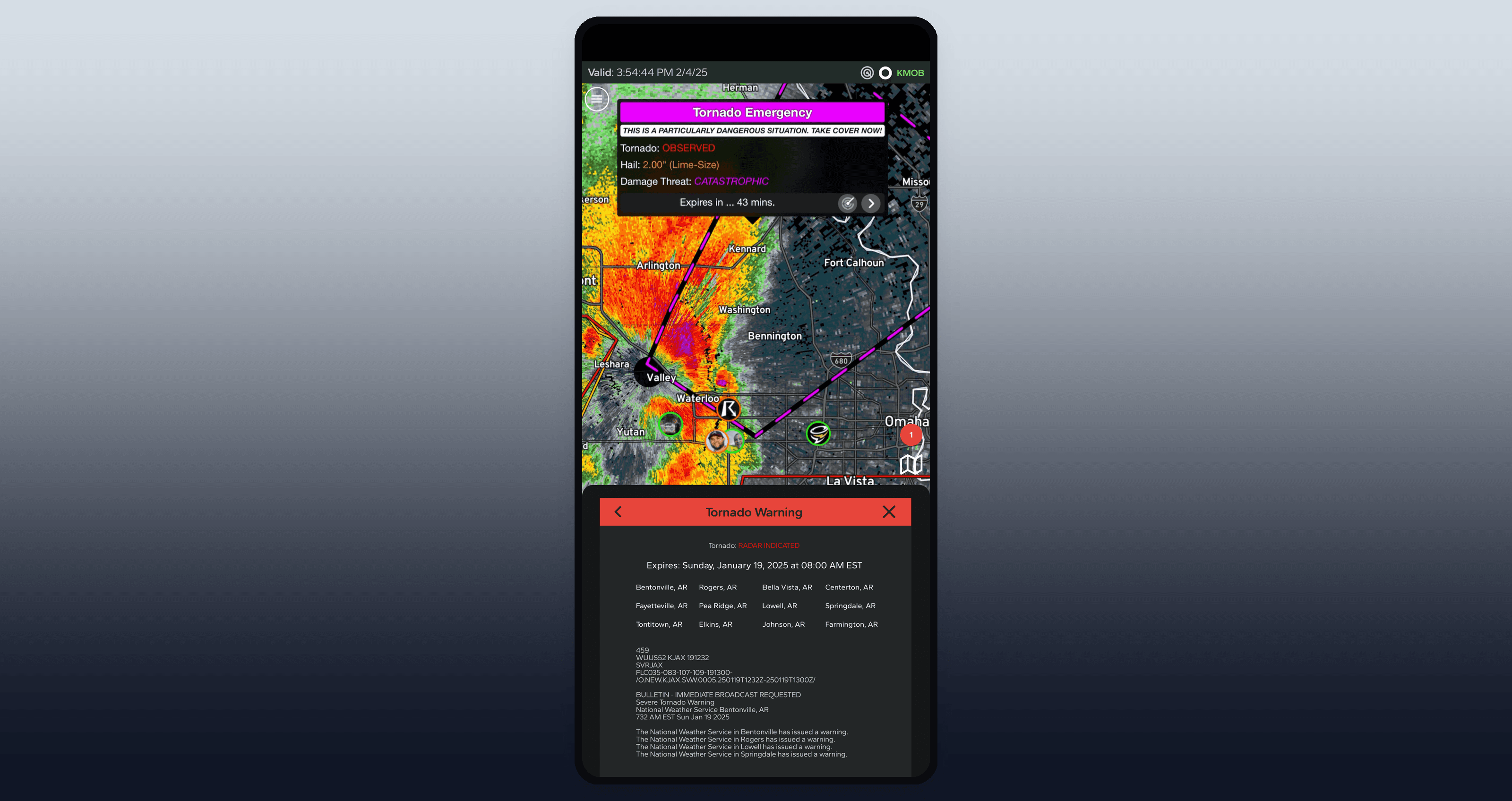 RadarOmega tornado emergency mobile interface