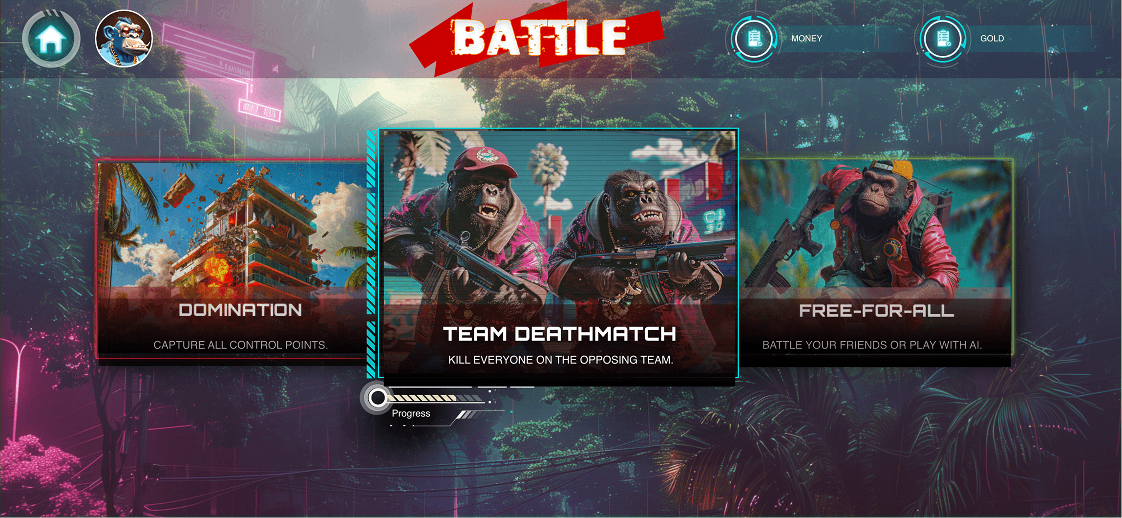 Angry Apes United battle mode selection interface