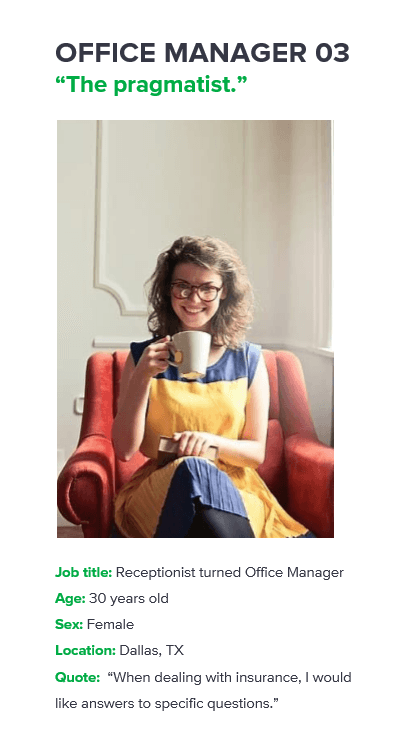 Office Manager 03 “The pragmatist” persona card: receptionist turned office manager, 30, Dallas, Texas