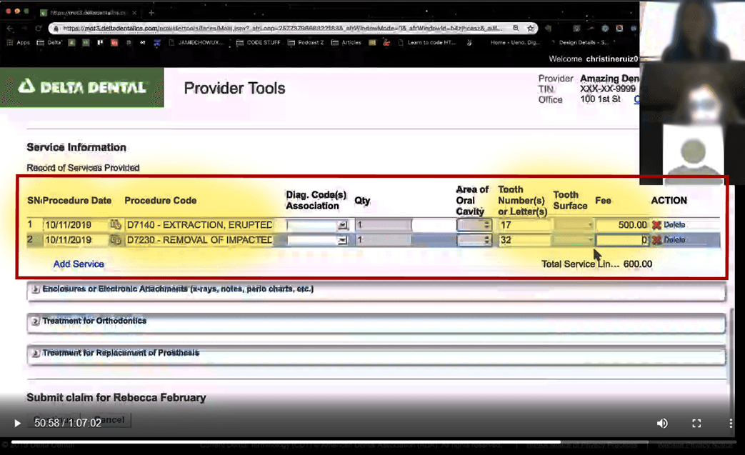Provider Tools Service Information table with extraction procedure codes highlighted